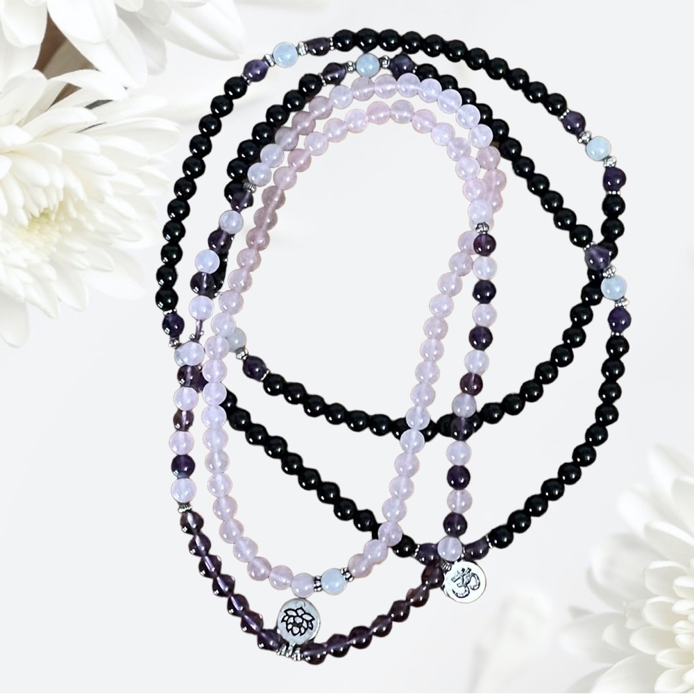 Yoga Prayer Meditation Beaded Stretch Necklaces Lotus and Om Pendants Lot of 2